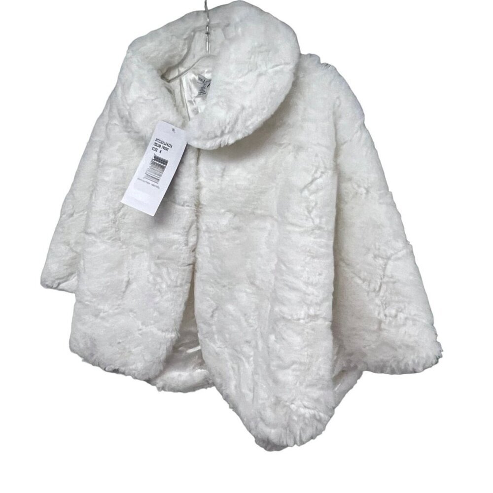 Nina Leonard White Faux Fur Wrap Jacket Capelet Medium Crystal Bling Button New